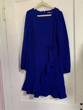 Royal Blue Ruffle Wrap Long Sleeve Dress Girls Size 9/10